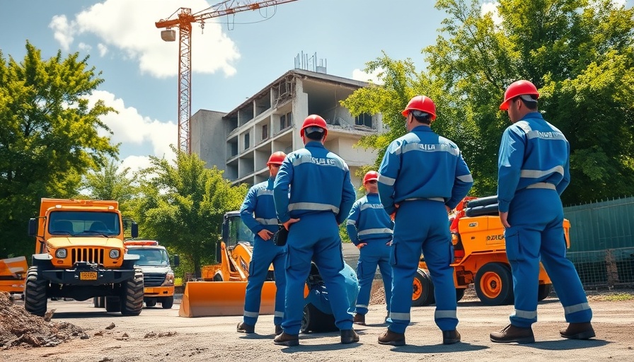 Reconstruction work by construction workers at damaged site