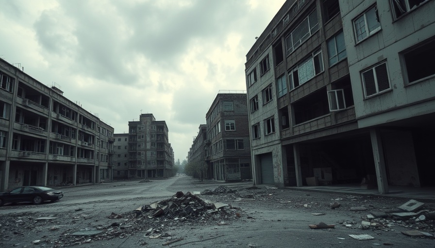Desolate urban landscape after Ukraine Russia conflict.