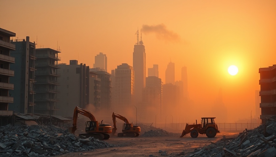 Sunset over Gaza's devastated urban landscape, showcasing the humanitarian crisis.