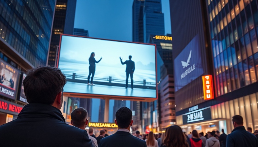 Large digital screen displaying official in urban square at night.