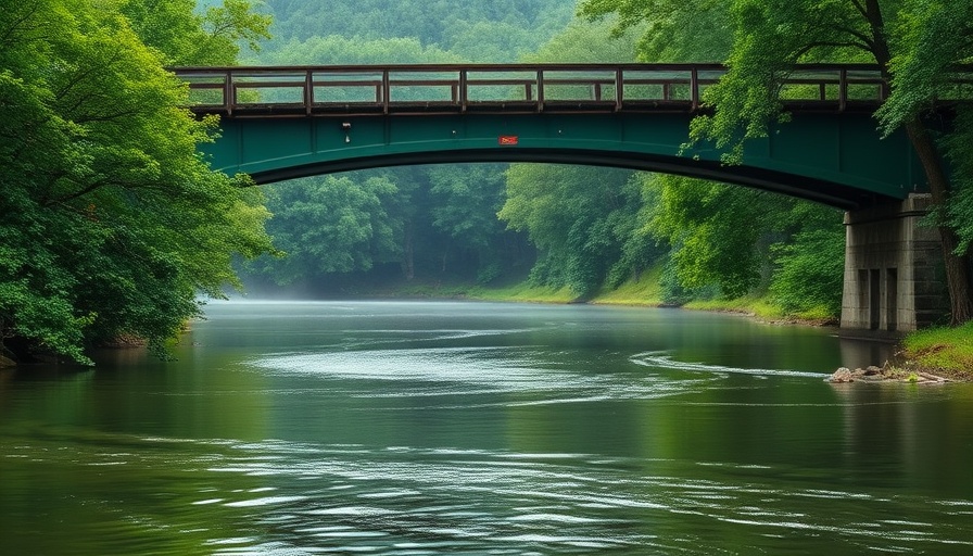 Scenic Russian River with green bridge and lush surroundings.
