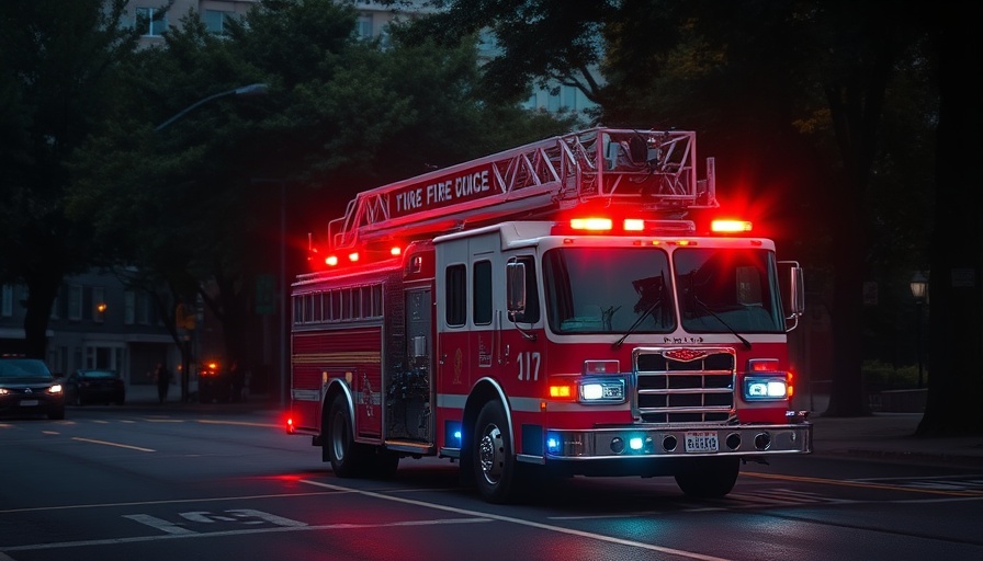 Fire engine responding in Fillmore District with flashing lights at dusk.