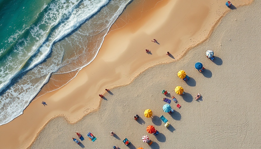 Aerial view of European beachgoers under umbrellas, climate change effects.