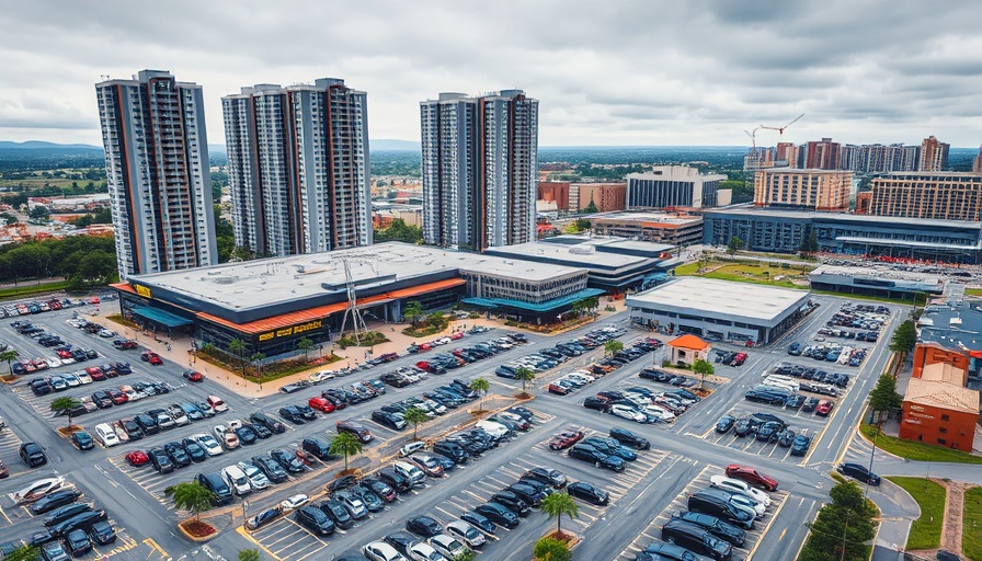 Aerial view of San Francisco commercial area with parking lot and buildings.
