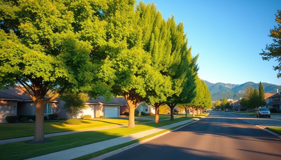 Tree-lined street in the San Francisco Bay Area with shadows.
