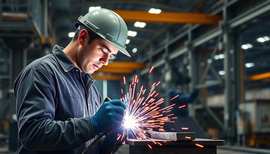 Industrial worker welding in a large factory, representing China trade countermeasures Canada steel tariffs.