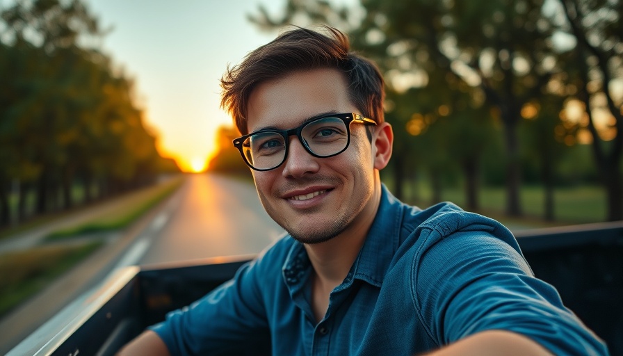 Young man in truck during sunset on rural road.