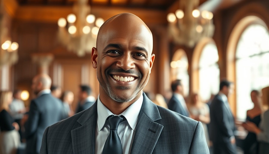 Man in suit smiles in San Francisco chamber, elegant wood backdrop
