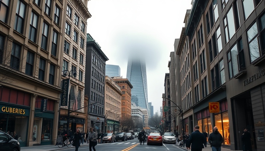 Foggy San Francisco street with skyscrapers and pedestrians.