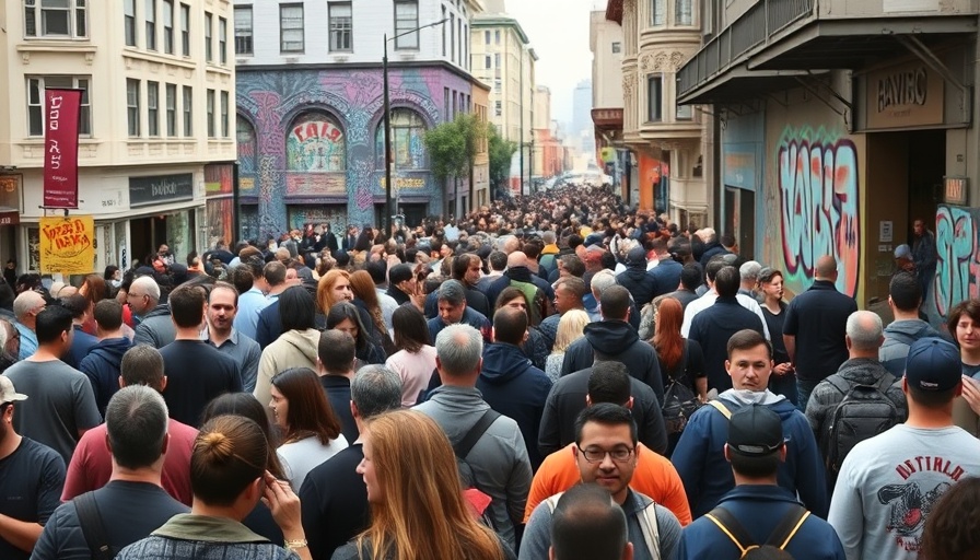 San Francisco local news: Crowded street scene with graffiti.