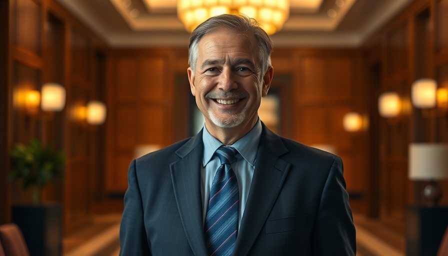 Confident man in luxury boutique hotel lobby, warm wood background.