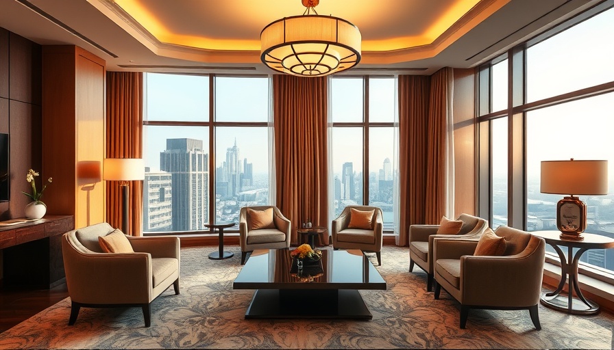 Chic boutique hotel suite interior with city view and elegant decor.