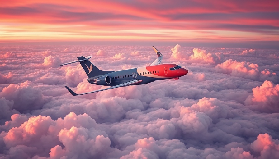 Airplane flying above vibrant sunset clouds.