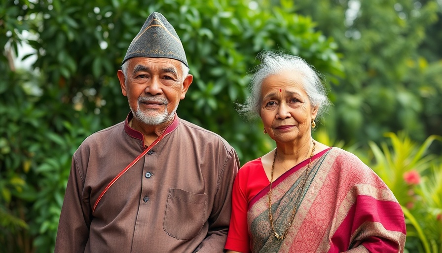 Elderly couple in traditional attire surrounded by greenery