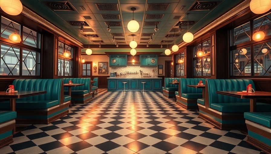 Chic diner in boutique hotel with teal booths and checkered floor.