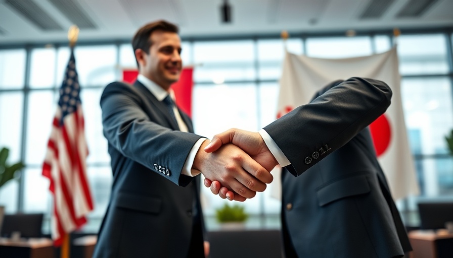 Business handshake with U.S. and Japan flags, symbolizing U.S.-Japan trade deal.