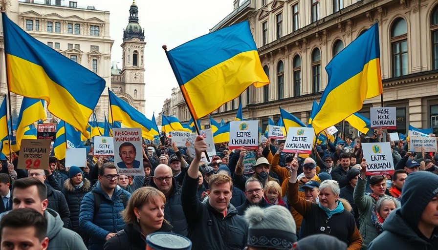Ukrainian protesters rallying with flags and signs in anti-corruption protest.