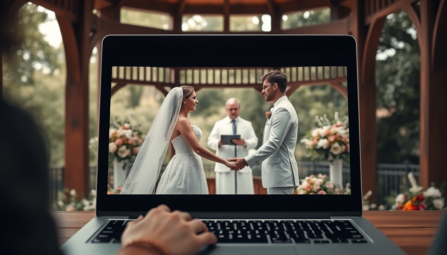 B.C. couple exchanging vows in outdoor ceremony, viewed on laptop.