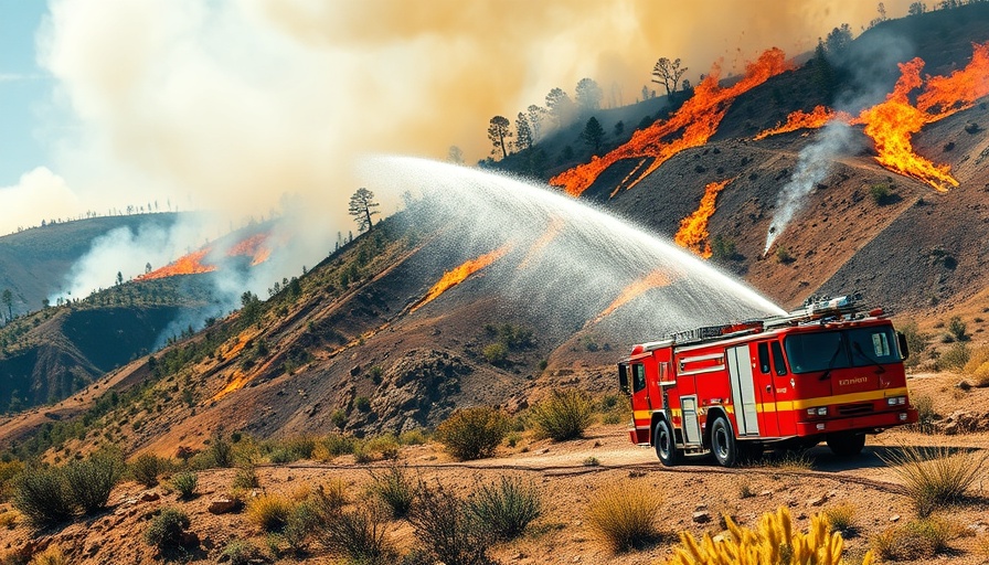 Firefighters combat wildfire on California hillside; home insurance climate change California.