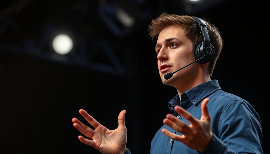 Man discussing AI-created fraud crisis on stage with microphone.