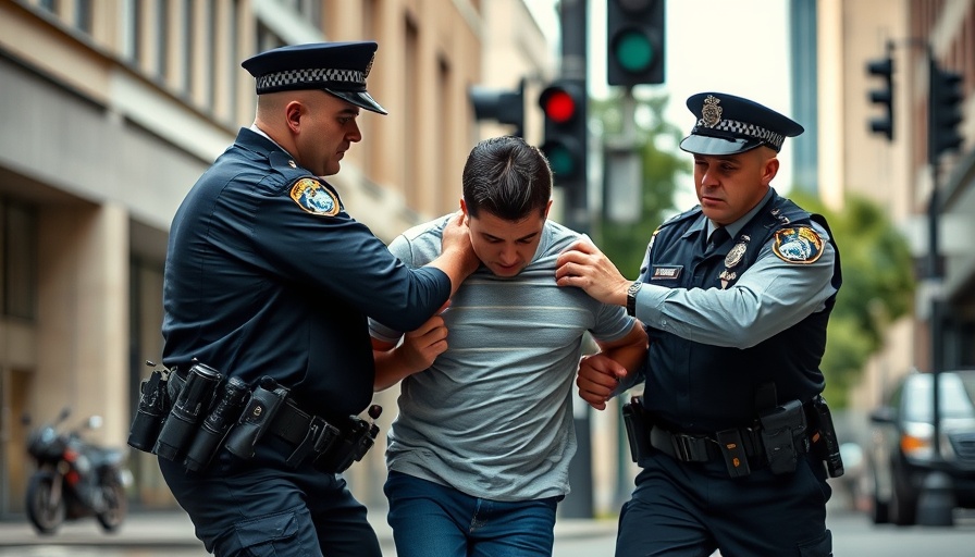 Police officers detaining a suspect near a pole, relating to Oakland robbery chase.