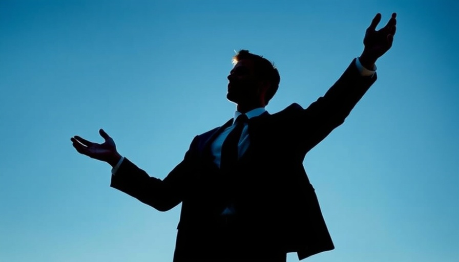 Figure gesturing confidently in front of a blue sky, White House AI Action Plan context.