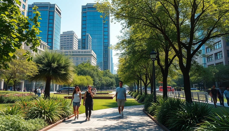 Lush park walkway with people amid trees and cityscape.