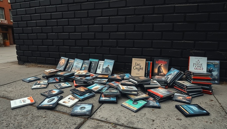 Assorted DVDs on San Francisco sidewalk; gritty urban setting.