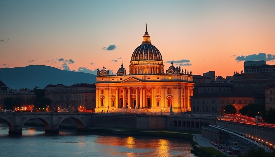St. Peter's Basilica glowing at dusk with river reflections.