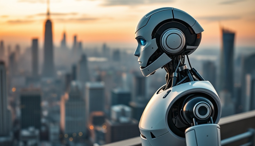 Modern humanoid robot overlooking city skyline at sunset, New York robotics startup opens new office in SoMa.