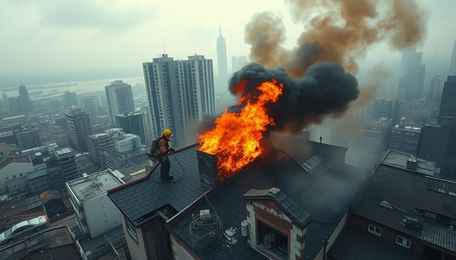 Firefighters extinguishing fire in war-torn area under cloudy sky.