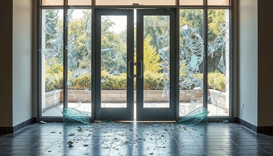 Shattered entrance glass showing vandalism linked to hate crimes.