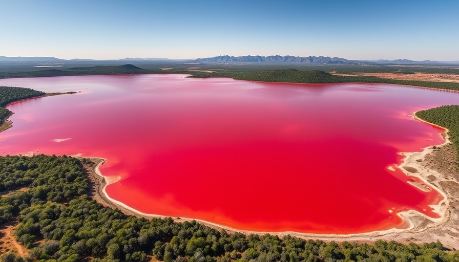 Aerial view of Lake Kapedo, Kenya's red alkaline lake surrounded by greenery.