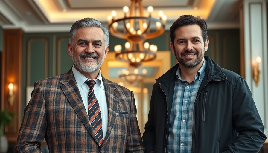 Two men in stylish suits in luxury boutique hotel setting.