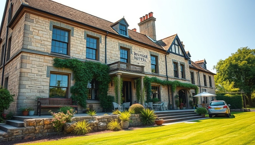 Stately stone boutique hotel with lush gardens, exemplifying acquisition of boutique hotels.