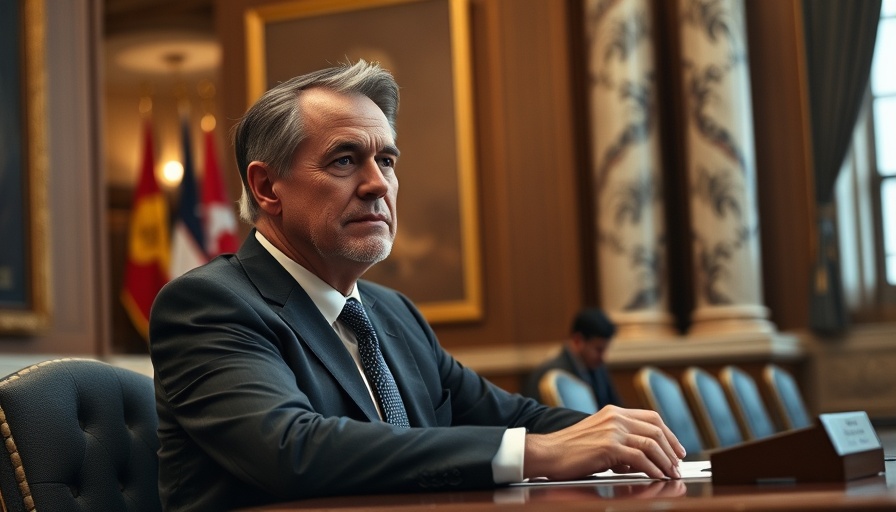 Thoughtful mature man in a suit attending meeting with flags.