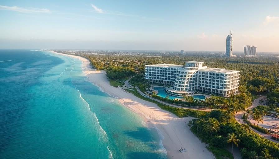 Luxury boutique hotels along a pristine beach with city skyline.