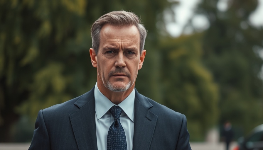 Man in suit outdoors with serious expression, blurred background.