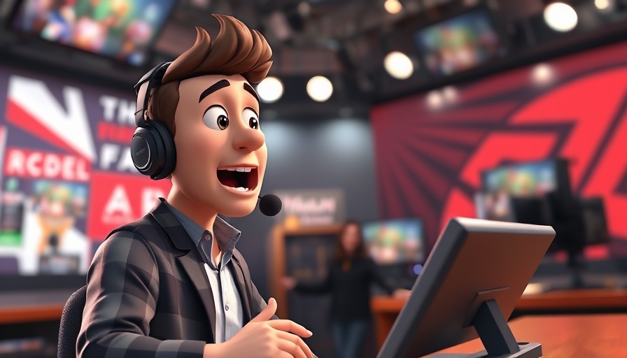 Broadcaster speaking energetically in studio during live commentary.
