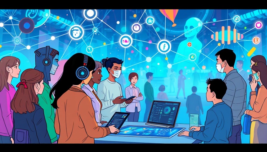 Futuristic illustration of diverse individuals with AI wearables in a connected world.