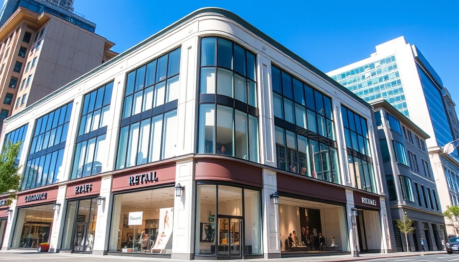 San Francisco retail market with luxury building facade and blue sky.