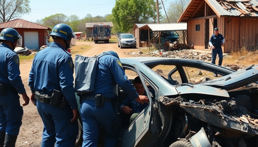Rescue workers aid in car accident amid debris, highlighting NATO arms deliveries context.