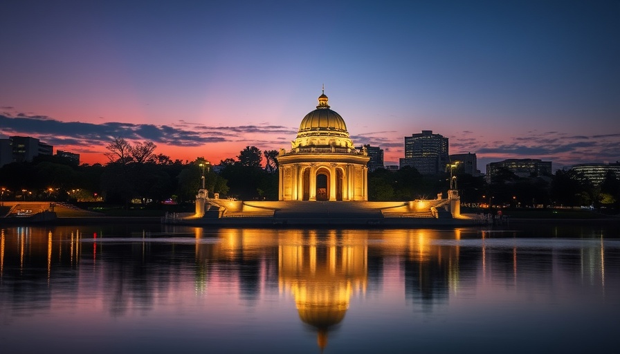 Serene Hiroshima Peace Memorial at twilight, reflecting on river