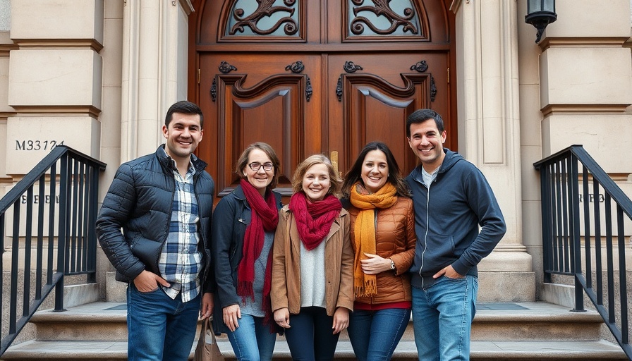 Casual family group smiling outside a home, urban setting