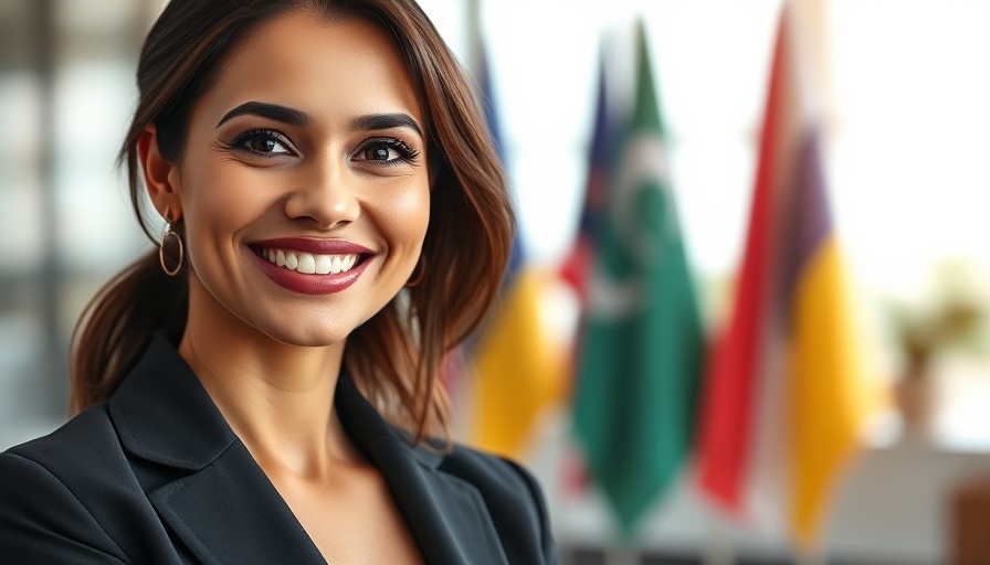 Smiling woman in office setting, bright lighting, close-up portrait