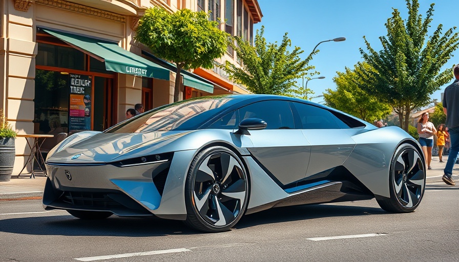 Futuristic EV parked in California street, sunny day