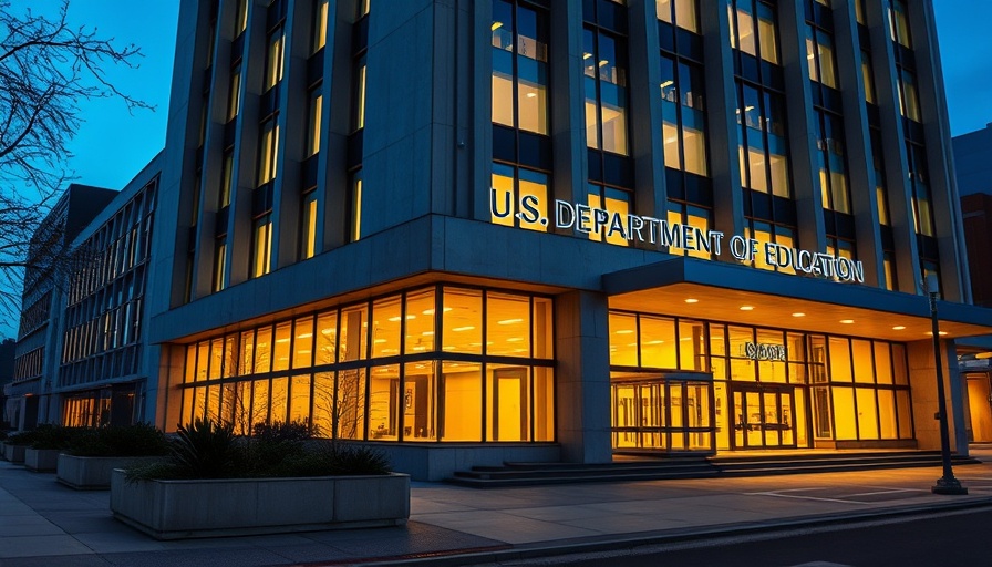 U.S. Department of Education building illuminated at dusk with modern architecture related to Trump data collection college admissions.