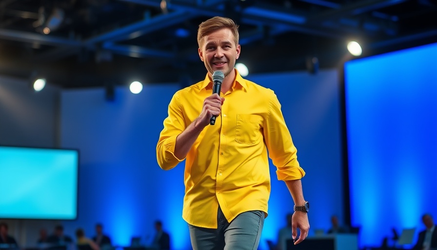 Changpeng Zhao Pardon Campaign features an energetic man in yellow on stage.