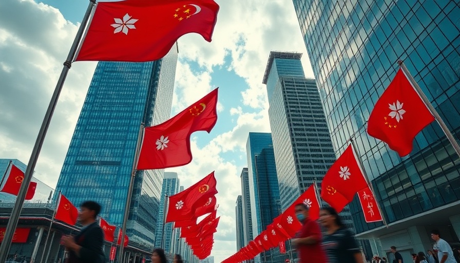 Chinese and Hong Kong flags hang between buildings with blurred pedestrians, related to Canadian sanctions on Hong Kong officials.