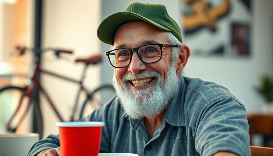 Older man smiling at a table with red cup; San Francisco local news.